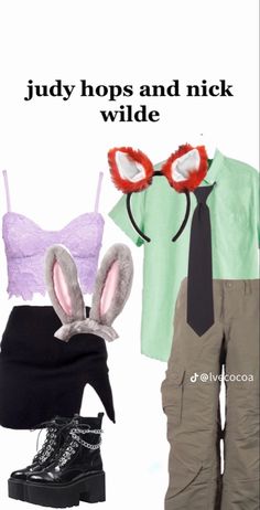 two outfits with bunny ears on them and the words, july hops and nick wilde