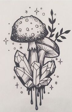 a black and white drawing of a mushroom with leaves on it's head, surrounded by crystals