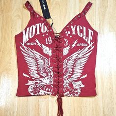 Nwt Super Cute Red Lace Up Tank Top / Crop Top Featuring Awesome Graphic With Eagle Wings & Text Motorcycle. Tags Festival Summer Sexy Flirty Grommet 90s Style Retro Bike Rider Harley Davidson Ed Hardy Affliction Victoria Secret Candies H&M Lucky Brand Old Navy Hollister Aeropostale Jodie Outfits, Native American Clothes, Tank Top Styles, Maroon Bodysuit, Upcycled Tshirt, Red And White Shirt, Tank Top Crop Top, Harley Davidson Clothing, Lace Up Tank Top