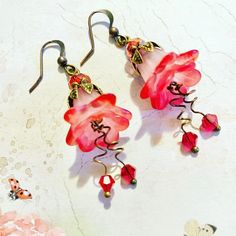 Rose Red Flower-shaped Earrings For Pierced Ears, Red Flower Earrings With Ear Wire, Red Flower Earrings With Ear Wire For Party, Rose Red Flower Drop Earrings For Pierced Ears, Red Handmade Flower Earrings, Red Flower Earrings For Wedding, Rose Red Flower Wedding Earrings, Rose Red Flower Earrings For Wedding, Wedding Flower Shaped Rose Red Earrings