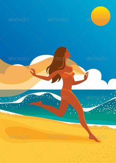 a woman running on the beach in front of the ocean - people characters, illustration