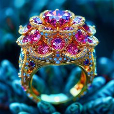 an elaborately designed ring with pink and red stones on it's sides, surrounded by blue corals