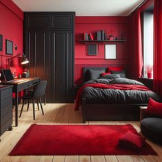 a bedroom with red walls and furniture in the room is decorated in black and red