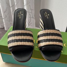 Beautiful Weaved Slide With Wedge Heels. Kate Spade Open Toe Wedge Sandals For Summer, Kate Spade Summer Wedge Sandals, Kate Spade Summer Wedge Heels, Black Pointed Toe Wedge Sandals With 4-inch Heel, Black Wedge Sandals With 4-inch Heel And Pointed Toe, Kate Spade Shoes, Black Cream, Wedge Heels, Kate Spade