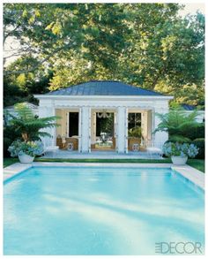 the front page of a magazine with an image of a swimming pool and gazebo