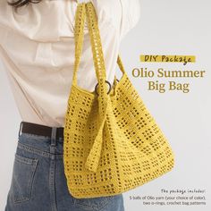 a woman holding a yellow crocheted bag