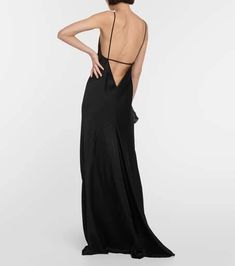 This Victoria Beckham satin slip dress exudes elegant minimalism perfect for Instagram. The plunging V-back and floor-length maxi silhouette effortlessly channel 1990s inspiration. Crafted from luxurious 29% viscose and 71% acetate satin with a cinched waist, it moves sensually and photographs beautifully. In rich black, it brings depth and drama to any setting while remaining versatile. True to size for a flattering fit highlighted in the model's pose. Specialist cleaning keeps this investment V-neck Bias Cut Slip Dress For Gala, Bias Cut V-neck Slip Dress For Gala, Spring Satin Backless Dress With Bias Cut, Spring Backless Bias Cut Satin Dress, Satin Maxi Dress With Low Back For Gala, Silk Backless Slip Dress For Gala, Silk Maxi Dress With Low Back And Bias Cut, Silk Maxi Dress With Bias Cut And Low Back, Maxi Length Bias Cut Slip Dress For Night Out