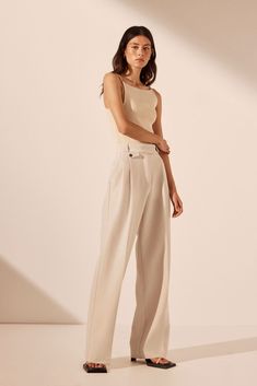 Irena High Waisted Tailored Pant | Bone | Pants | Shona Joy – Shona Joy International Bone Pants, Knife Pleat, Shona Joy, Perfect Foundation, Global Brands, Wide Belt, Tailored Pants, Pocket Detail, Signature Style