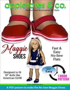 the doll is wearing red shoes and blue dress