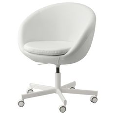 a white chair with wheels on the back and seat upholstered to it's base