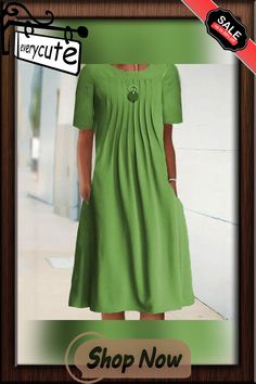 Summer Solid Color Bech Dress Round Neck Pullover Short Sleeve Midi Dress Women's Casual Loose Dress Vestidos De Mujer Knee-length Shift Pleated Dress, Knee-length Pleated Shift Dress, Green Shift Midi Dress, Casual Shift Pleated Dresses, Casual Pleated Shift Dresses, Short Sleeve Midi Dress, Midi Short Sleeve Dress, Sleeve Midi Dress, Loose Dress