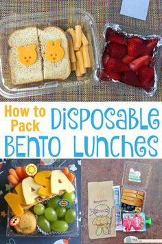 the lunch box is filled with different types of food and has words that read how to disposable bento lunches