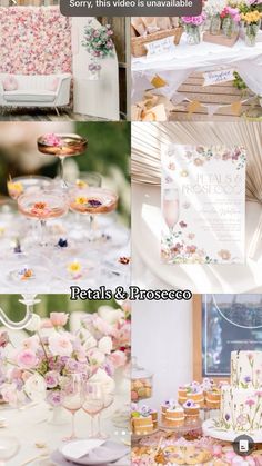 a collage of photos with flowers and desserts on the table in front of them