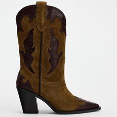 New With Tag Zara F/W '24 Collection Heeled Knee High Boots In Combination Suede. Cowboy Style. Textured Detail At Shaft. Side Pull Tabs. Pointed Toe. Heel Height: 2.8 Inches (7 Cm) Brown Upper 100% Cow Leather Lining 75% Cotton 15% Goat Leather 10% Polyester Sole 100% Sbs Insole 100% Goat Leather Zara Brown Heeled Boots For Work, Brown Zara Heeled Boots For Work, Chic Brown Snip Toe Boots, Brown Snip Toe Heeled Boots For Work, Zara Brown Pointed Toe Heeled Boots, Brown Snip Toe Heeled Boots For Winter, Zara Brown Ankle Heeled Boots, Zara Brown Ankle Boots, Chic Brown Zara Heeled Boots