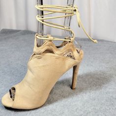 New, Never Worn So Me Nude Vegan Suede Tie Up Style With Open Back & Toe 4" (Approx) Stiletto Heel Beige High Heel Lace-up Sandals For Party, Suede Lace-up Round Toe Sandals For Party, Beige High Heel Sandals With 4-inch Heel, Chic High Heel Suede Lace-up Sandals, Beige Lace-up Sandals For Party, Suede Open Toe Lace-up Sandals With Wrapped Heel, Suede Lace-up Sandals With Wrapped Heel, Suede Lace-up Sandals With Open Heel, Beige Lace-up Sandals With Heel Strap