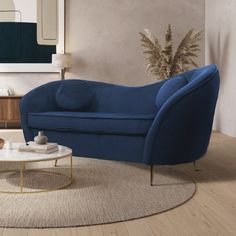 a living room with a blue couch and coffee table