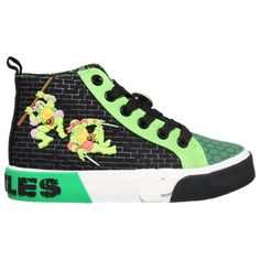 Cowabunga, parents of little ninjas! Get your little boys ready to kick shell with the Ground Up Ninja Turtle High. Featuring all their favorite TMNT characters: Leonardo, Raphael, Michelangelo, and Donatello, these high-tops are sure to make your kiddos the talk of the town. Decked out with Turtles-inspired iconic elements and patterns and a Turtles logo on the rubber heel bumper, these sneakers will have your little ones looking totally tubular. Come on, parents, let your little men show off t Tmnt Characters, Talk Of The Town, Casual Running Shoes, Ninja Turtle, Rubber Heels, Ninja Turtles, Turtles, Kids Clothing, Black Cotton