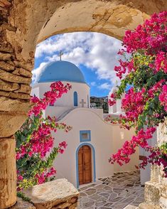 an arched doorway with pink flowers growing on it and a blue dome in the background