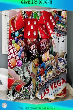 a colorful shower curtain with casino themed items on it's sides and the words gambling delight written in large letters