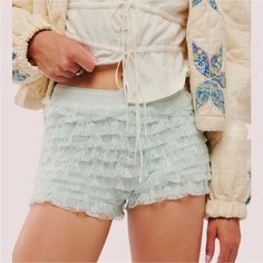 Brand New With Tags! Gorgeous Feeling For Lace Shorties In Billowing Sail/ Light Blue By Free People Intimately. Light Robin’s Egg Blue/Green Ruffle Lace Shorts Perfect Worn Alone Or Layered Under A Dress Or Over Leggings. Delicate Layers Of Floral Lace Ruffles Throughout, Picot Trim, Elastic Waist. Polyester Spandex Blend. Size S Waist 12” Rise 9.5” Length 10” Tags Free People Anthropologie Zara Madewell J. Crew Urban Outfitters Modcloth Dolls Kill Revolve Out From Under Lacemade For Love And L Stretch Ruffled Shorts For Loungewear, Stretch Ruffle Shorts For Loungewear, Fitted Light Blue Bottoms With Ruffles, Light Blue Ruffled Bottoms For Summer, Light Blue Ruffled Bottoms, Feminine Ruffled Bottoms For Loungewear, Daywear Stretch Bottoms With Ruffles, Stretch Ruffled Bottoms For Daywear, Feminine Blue Bottoms For Summer