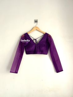 Purple  Blouse (with a pink undertone) made from satin silk and organza fabric. This blouse can be made in ANY COLOR. Please drop us a convo of you need it in a different color.  DETAILS * Front  & Back V-Neck * Full Sleeves * Padded (optional) * Hooks at the back for closure MEAUREMENTS & CUSTOMIZATIONS This blouse can be purchased in your standard sizing and pattern. Please choose your Chest Size (measured in inches) from the drop-down box.  For custom sizing please include the below measureme Purple Full Sleeve Blouse, Cheap Purple Blouse Piece For Diwali, Full Sleeve V Neck Blouse Designs, Purple Silk Evening Blouse, Fitted Sheer Organza Blouse, Sheer Silk Blouse For Wedding, Sheer Blouse Piece For Party, Pink Organza Blouse For Party, Traditional Evening Blouse In Organza