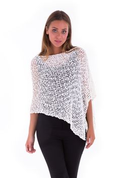 Easy to pull on and easy to style. This knit poncho top can be used to cover up your shoulders for the cooler nights or pair with that dress you love so much. Dress up or stay casual, the choice is yours. Lightweight and great for travel Soft acrylic material Easily enhance your wardrobe Hand wash cold water or separately on a delicate cycle, lay flat to dry Crochet Batwing, Zucchini Chips, Poncho Top, Batwing Top, Crochet Sweaters, Summer Wraps, Knit Poncho, Fish Net, Chips Recipe