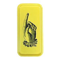 a yellow tray with a hand holding a finger