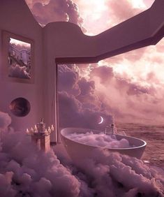 a bathtub surrounded by clouds and candles