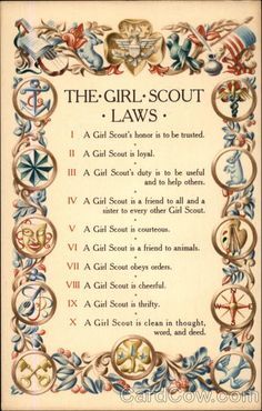 the girl scout's laws is shown in an ornate frame with flowers and birds