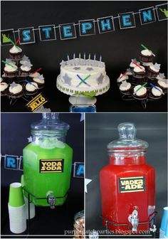 star wars themed birthday party with cupcakes, cake and drink bottles on display