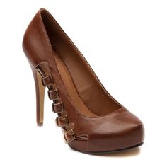 Langston Cognac Shi Shoes Brown Faux Leather Heels For Office, Brown Heels With Buckle Closure For Office, Brown Heels With Buckle Closure And Round Toe, Brown Faux Leather Heels With Buckle Closure, Journeys Shoes, Fall Heels, Shoes Brown, Shoes Shop, Crazy Shoes