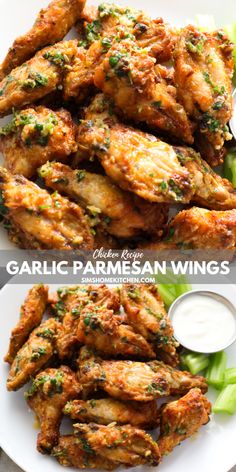 grilled garlic parmesan wings on a white plate with ranch dressing in the background