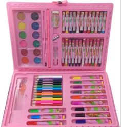 a pink case filled with lots of different types of pens and pencils in it