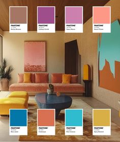 a living room filled with furniture and color swatches