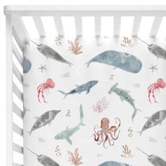 sea life crib sheet Ocean Baby Rooms, Sea Nursery Theme, Sea Life Nursery, Crib Sheets Girl, Ocean Themed Nursery, Caden Lane, Beach Nursery, Sea Nursery, Blue Whales