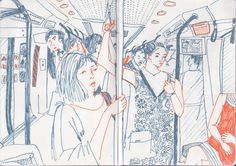 a drawing of people riding on a bus with their hands in the air and looking out the window