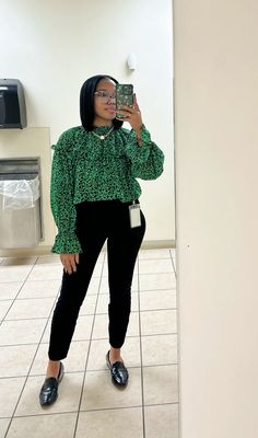 Wearing my favorite green Zara top for work! #workfashion #workootd #whatiworetowork #officewear #businesscasual #dressyfashion #loaferstyle #zarastyle #classy Receptionist Outfit Black Women, Dress Office Outfits Women, Green Church Outfit, Buissnes Casual Outfits Black Women, First Day In Office Outfit, Office Assistant Aesthetic, Picture Day Teacher Outfit, Teacher Friday Outfit, Chill Teacher Outfits