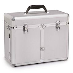 a white suitcase with two doors and handle on the top is sitting in front of a white background