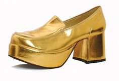 Gold Platform 70s Party Pimp Daddy Disco Dancer Mens Costume Shoes size 9 10 11 Halloween Costume Shoes, Disco Dancer, Disco Shoes, Black Patent Leather Loafers, Gold Platforms, Ellie Shoes, Prom Dress Shoes, Gogo Dancer, Custom Made Shoes