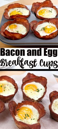 bacon and egg breakfast cups on a tray with eggs in the middle, and an image of