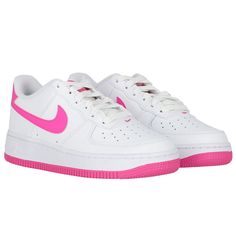 White and pink Air force 1 for girls by Nike. They have a synthetic leather upper for durable comfort and perforations for ventilation. They feature the brands pink Swoosh on the side panels. Additional branding includes the "Air" logo embroidered on the heel and the Nike Air logo on the tongue.  #whitepinkairforce1 #nikeforgirls #nikeswooshshoes #comfortablesneakers Pink Air Force 1, Air Logo, Nike Kids, Comfortable Sneakers, Side Panels, Synthetic Leather