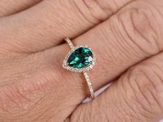 3.8 Ct Pear Shaped Green Emerald With Diamond Ring Emerald Ring Design, Green Gold Weddings, Pear Wedding Ring, Emerald Ring Engagement Diamond, Emerald Wedding Rings, Pear Cut Engagement Rings, Green Emerald Ring, Pear Ring, Pear Shaped Engagement Rings