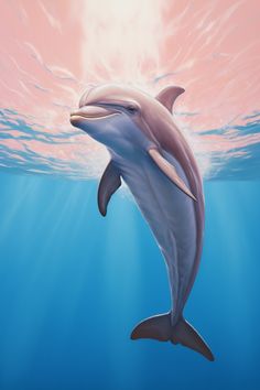 a painting of a dolphin swimming in the ocean with sunlight coming through it's mouth