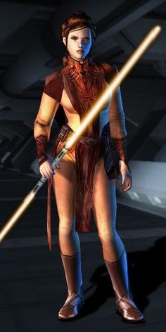 a woman in a star wars outfit holding two lightsabes