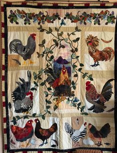 a quilted wall hanging with roosters and hens on it's sides