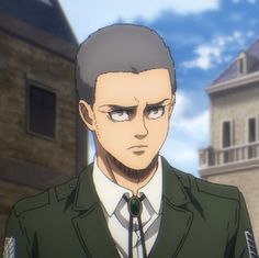 an anime character with grey hair wearing a suit and tie in front of a building