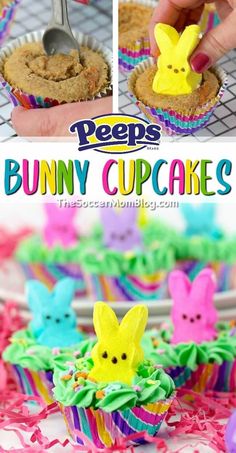 peeps bunny cupcakes with chocolate frosting and sprinkles