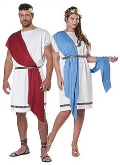 two people in roman costumes standing next to each other