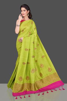 Shop pista green borderless muga Benarasi sari online in USA with zari buta. Shop beautiful Banarasi sarees, georgette sarees, pure muga silk sarees in USA from Pure Elegance Indian fashion boutique in USA. Get spoiled for choices with a splendid variety of Indian saris to choose from! Shop now.-full view Pista Green, Indian Designer Sarees, Pink Border, Fashion Journals, Designer Sarees Online, Banarasi Saree, Indian Sari, Designer Sarees, Banarasi Sarees