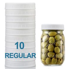 the jar is filled with green olives and has 10 regular sized jars in it